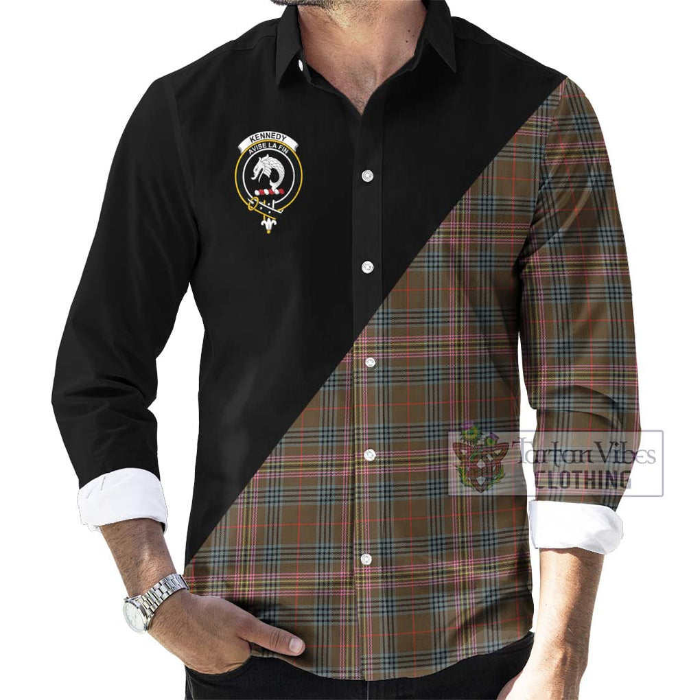 Kennedy Weathered Tartan Long Sleeve Button Shirt with Family Crest and Military Logo Style - Tartanvibesclothing Shop