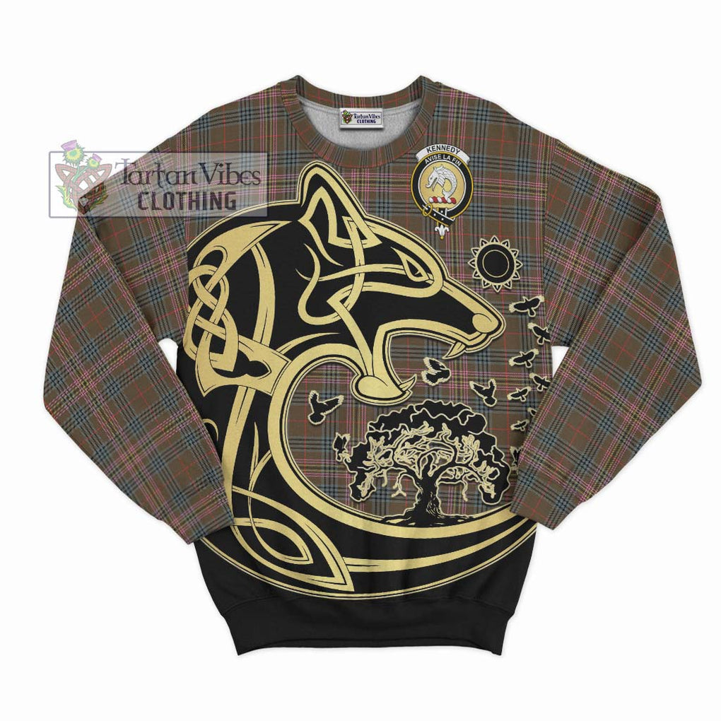 Kennedy Weathered Tartan Sweatshirt with Family Crest Celtic Wolf Style - Tartan Vibes Clothing