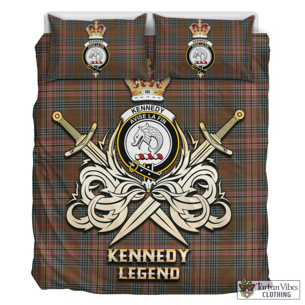 Tartan Vibes Clothing Kennedy Weathered Tartan Bedding Set with Clan Crest and the Golden Sword of Courageous Legacy