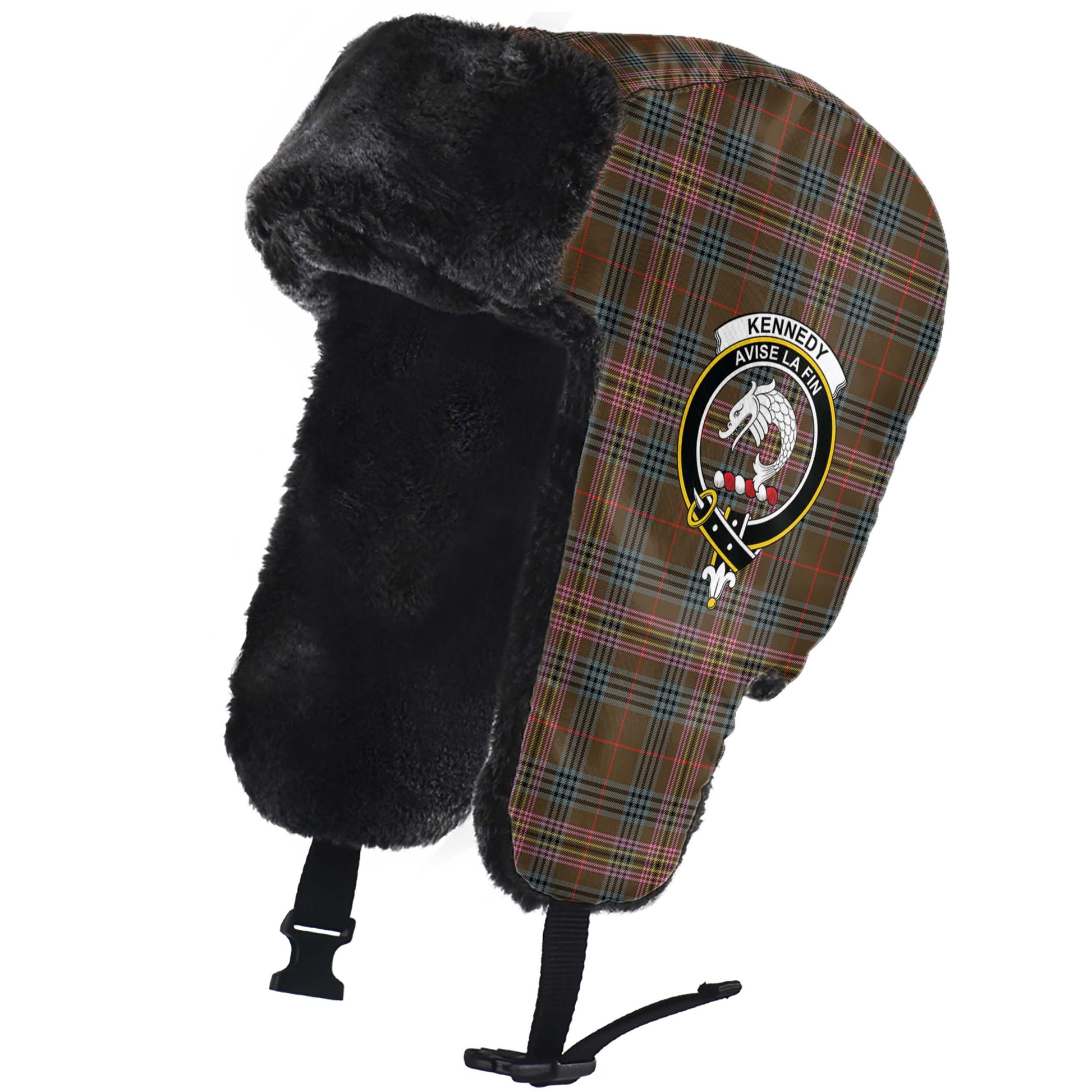 Kennedy Weathered Tartan Winter Trapper Hat with Family Crest - Tartanvibesclothing