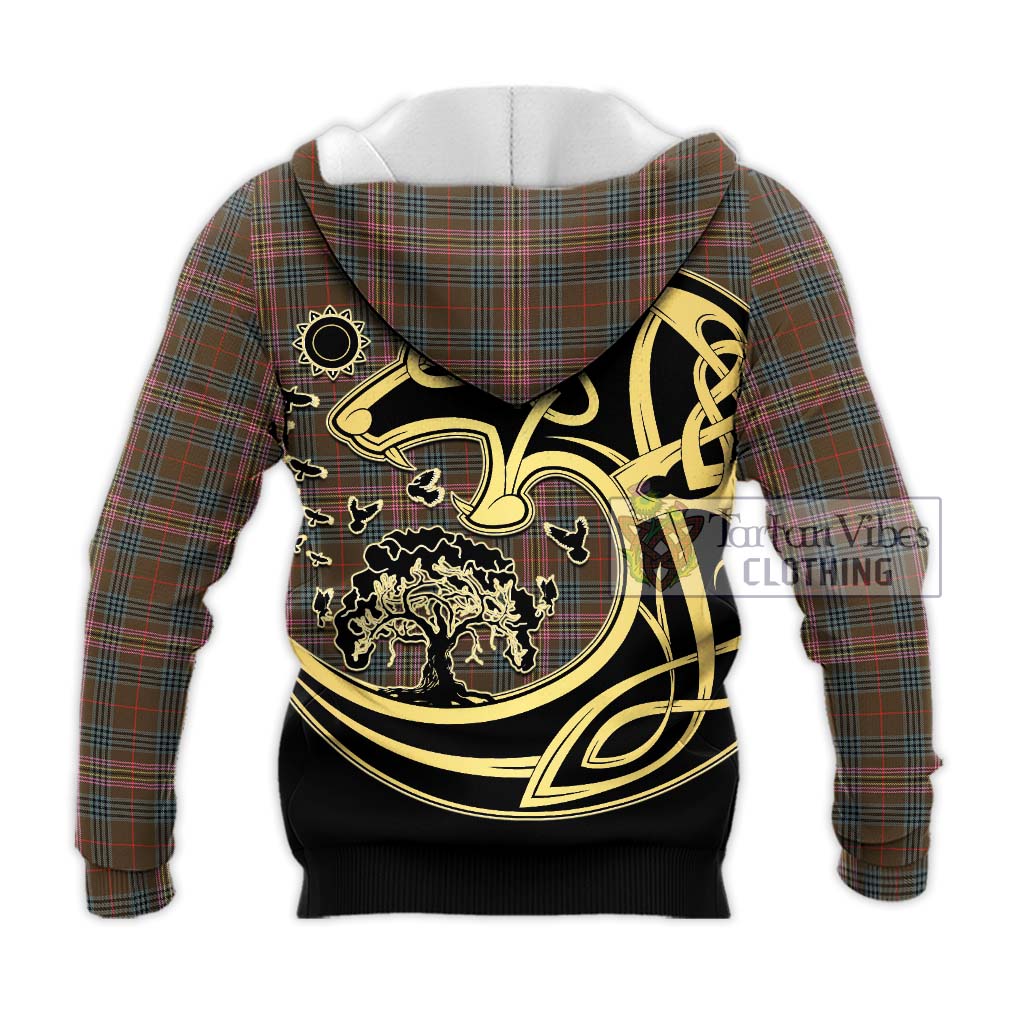 Tartan Vibes Clothing Kennedy Weathered Tartan Knitted Hoodie with Family Crest Celtic Wolf Style