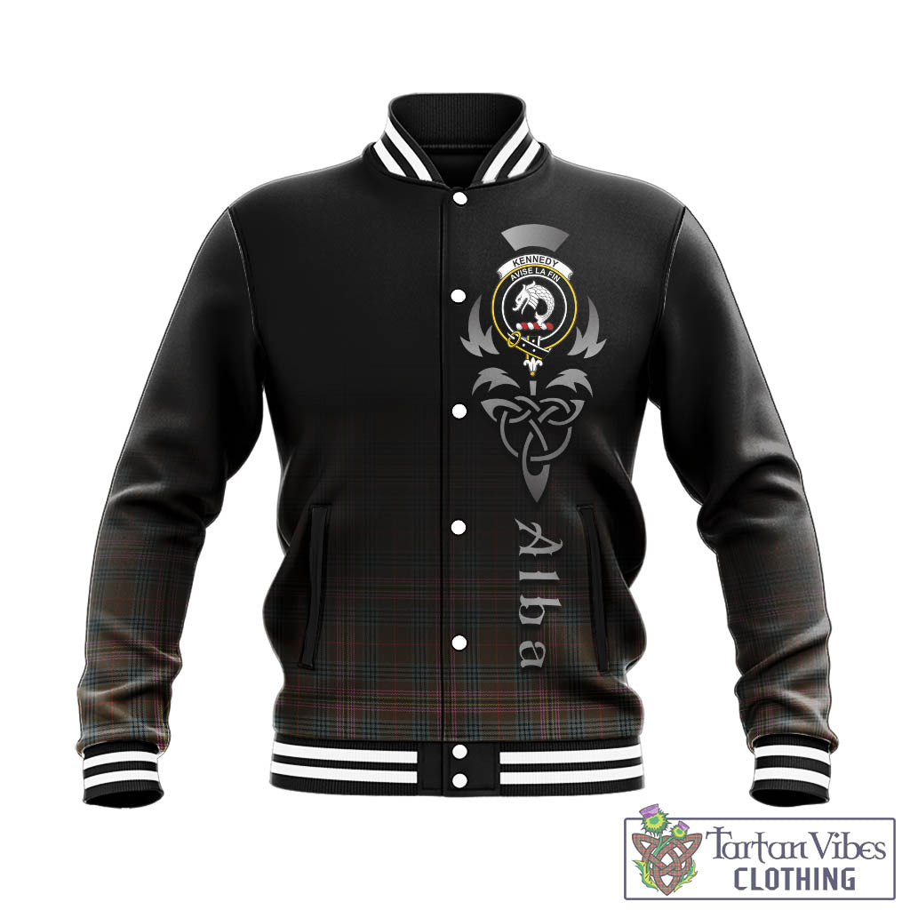 Tartan Vibes Clothing Kennedy Weathered Tartan Baseball Jacket Featuring Alba Gu Brath Family Crest Celtic Inspired