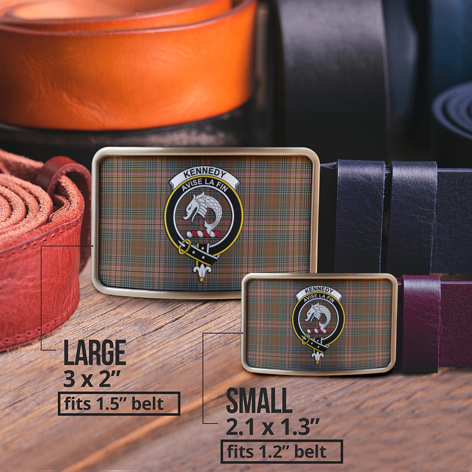 Kennedy Weathered Tartan Belt Buckles with Family Crest - Tartanvibesclothing