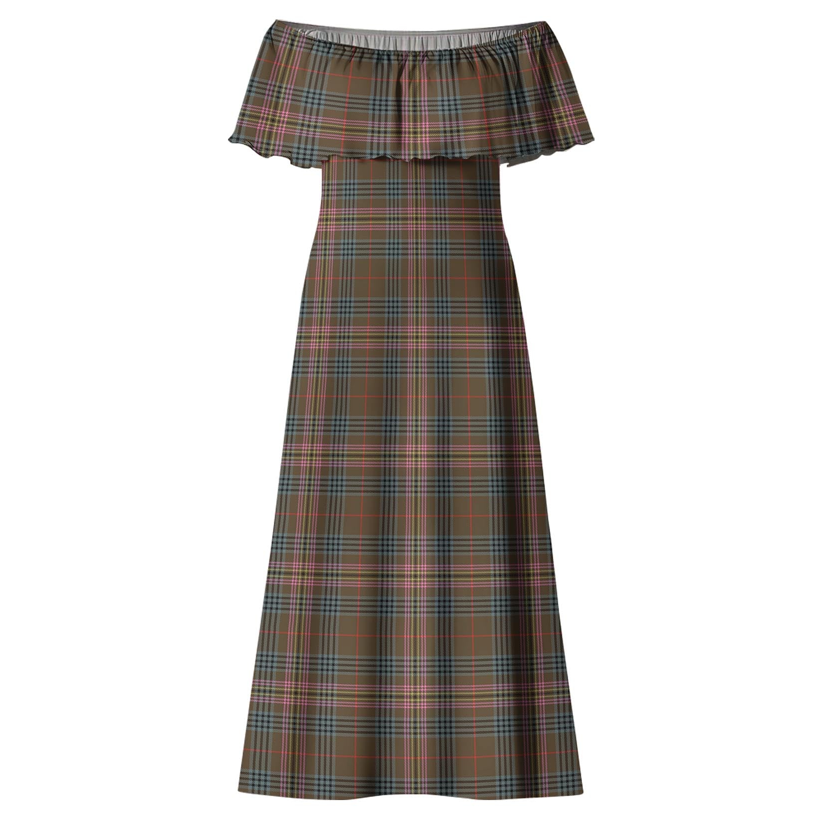 Kennedy Weathered Tartan Off Shoulder Long Dress - Tartanvibesclothing