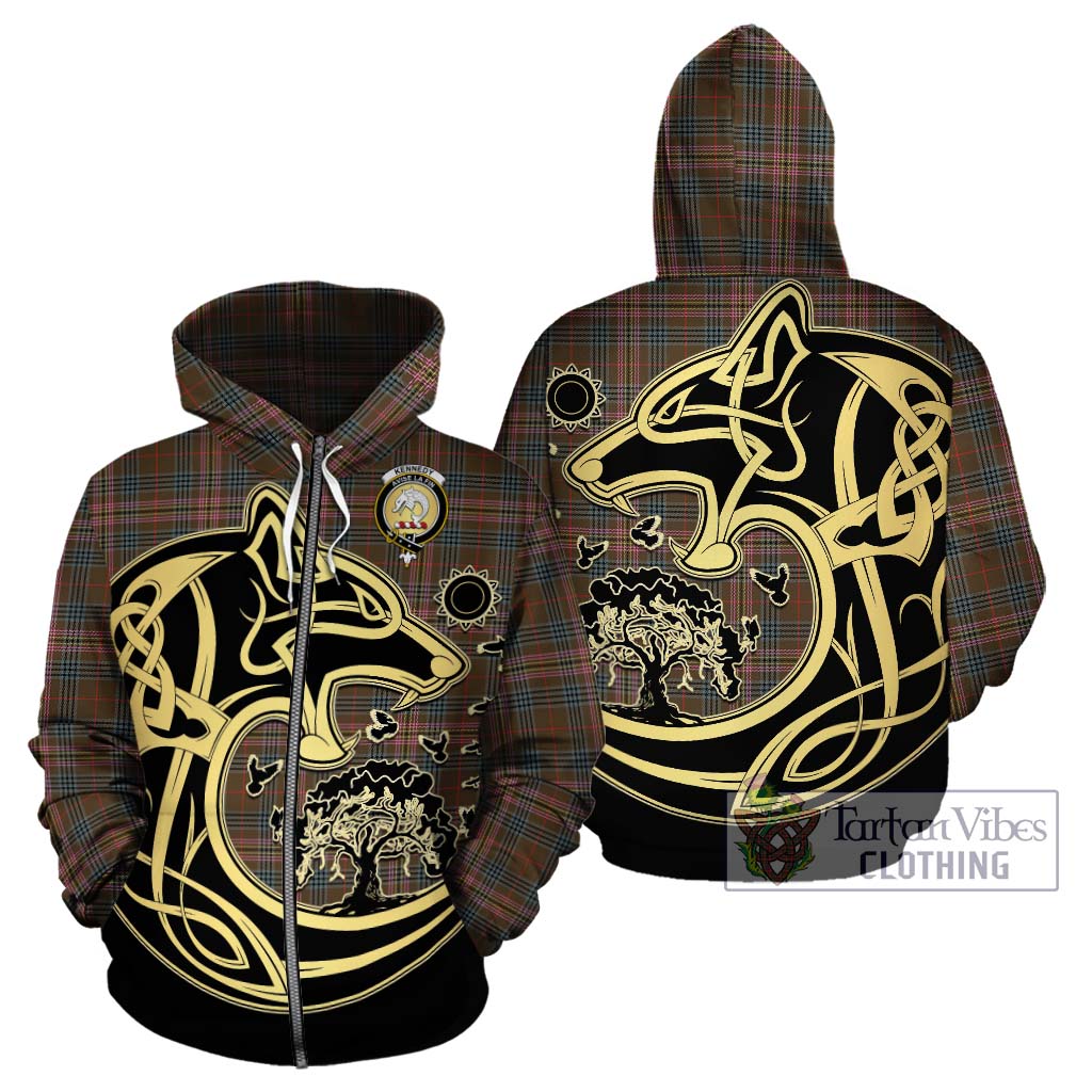 Tartan Vibes Clothing Kennedy Weathered Tartan Hoodie with Family Crest Celtic Wolf Style