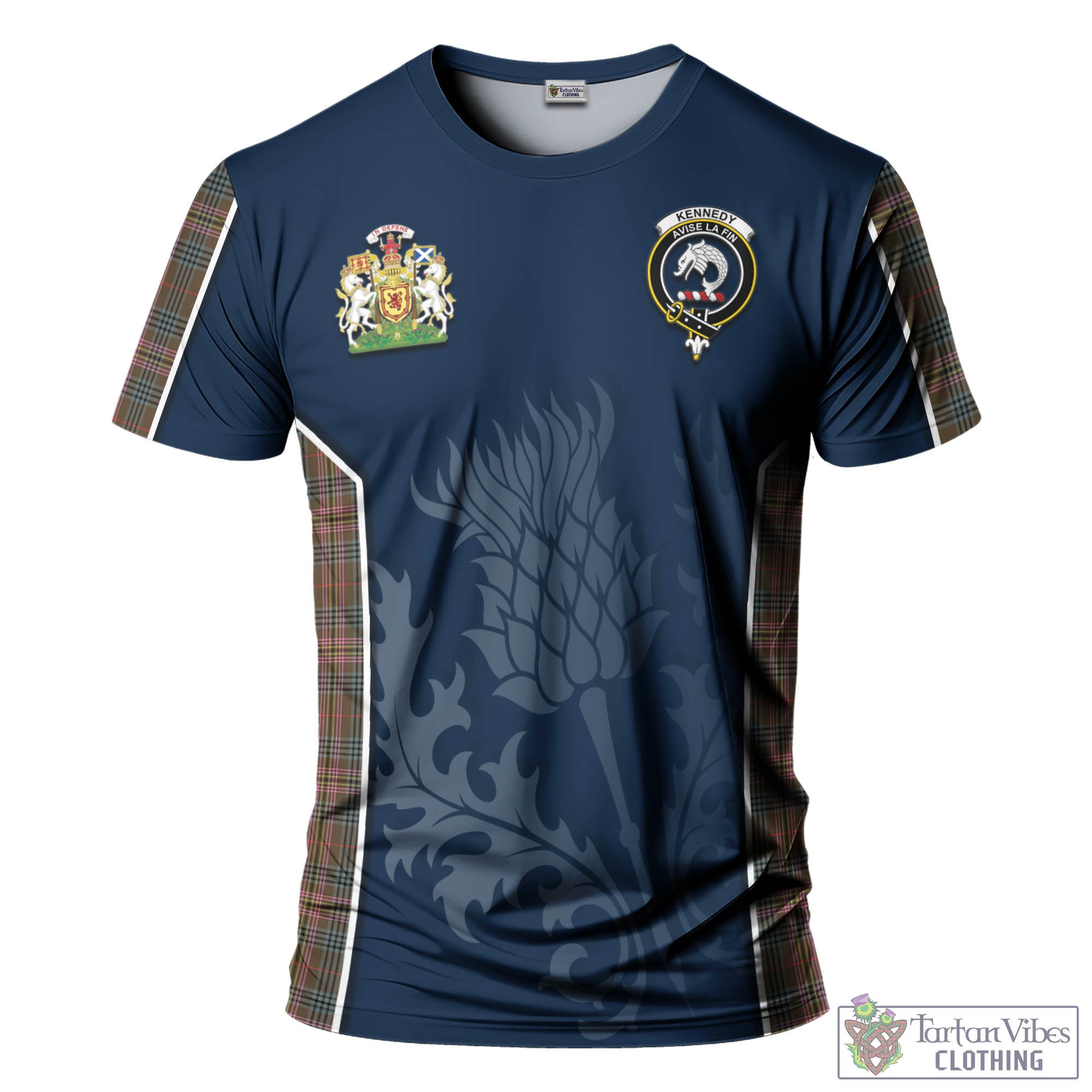 Tartan Vibes Clothing Kennedy Weathered Tartan T-Shirt with Family Crest and Scottish Thistle Vibes Sport Style