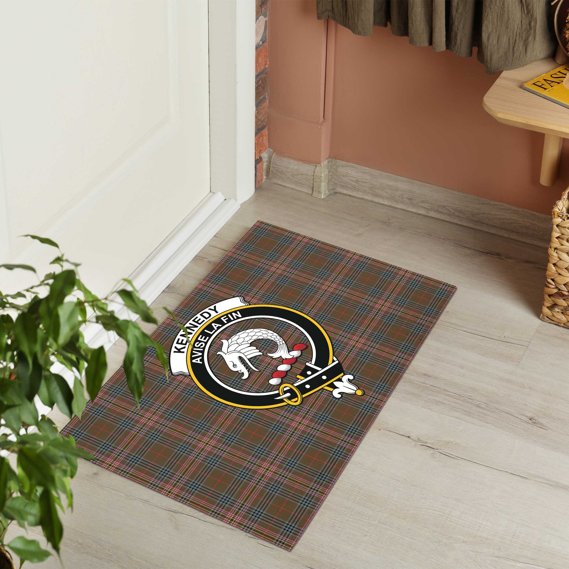 Kennedy Weathered Tartan Door Mat with Family Crest - Tartanvibesclothing