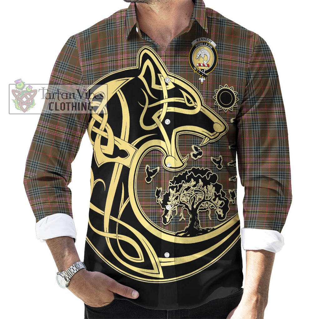 Kennedy Weathered Tartan Long Sleeve Button Shirt with Family Crest Celtic Wolf Style - Tartan Vibes Clothing