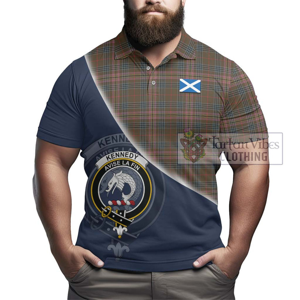 Kennedy Weathered Tartan Polo Shirt with Personalised National Flag and Family Crest Half Style - Tartanvibesclothing Shop