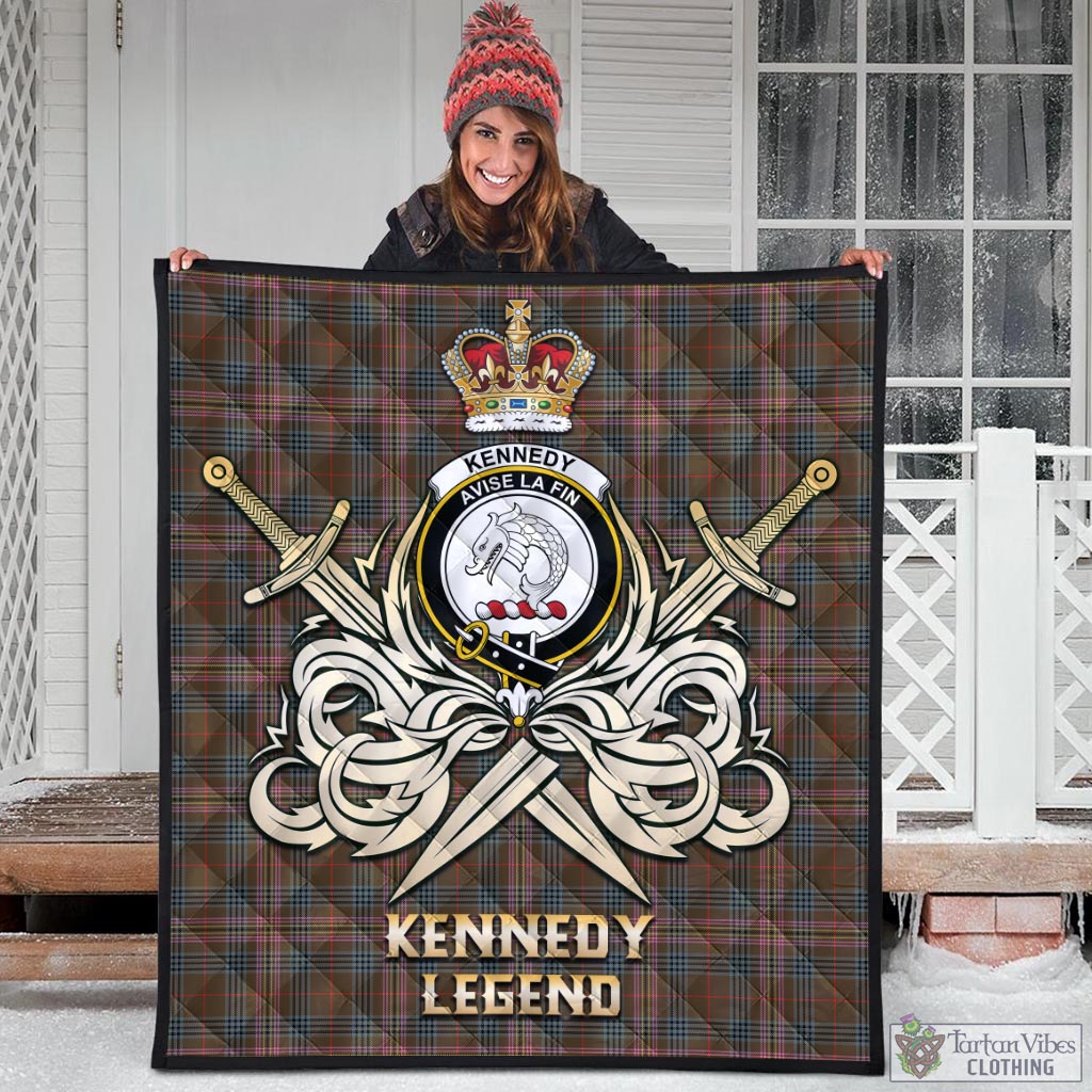 Tartan Vibes Clothing Kennedy Weathered Tartan Quilt with Clan Crest and the Golden Sword of Courageous Legacy