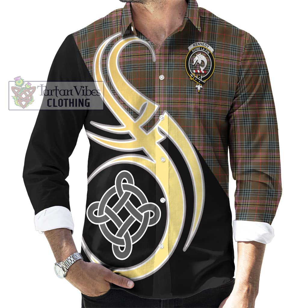 Kennedy Weathered Tartan Long Sleeve Button Shirt with Family Crest and Celtic Symbol Style - Tartan Vibes Clothing