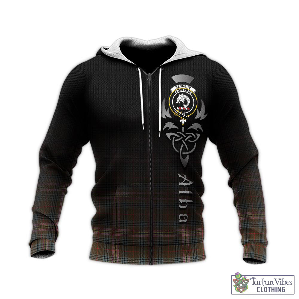 Tartan Vibes Clothing Kennedy Weathered Tartan Knitted Hoodie Featuring Alba Gu Brath Family Crest Celtic Inspired