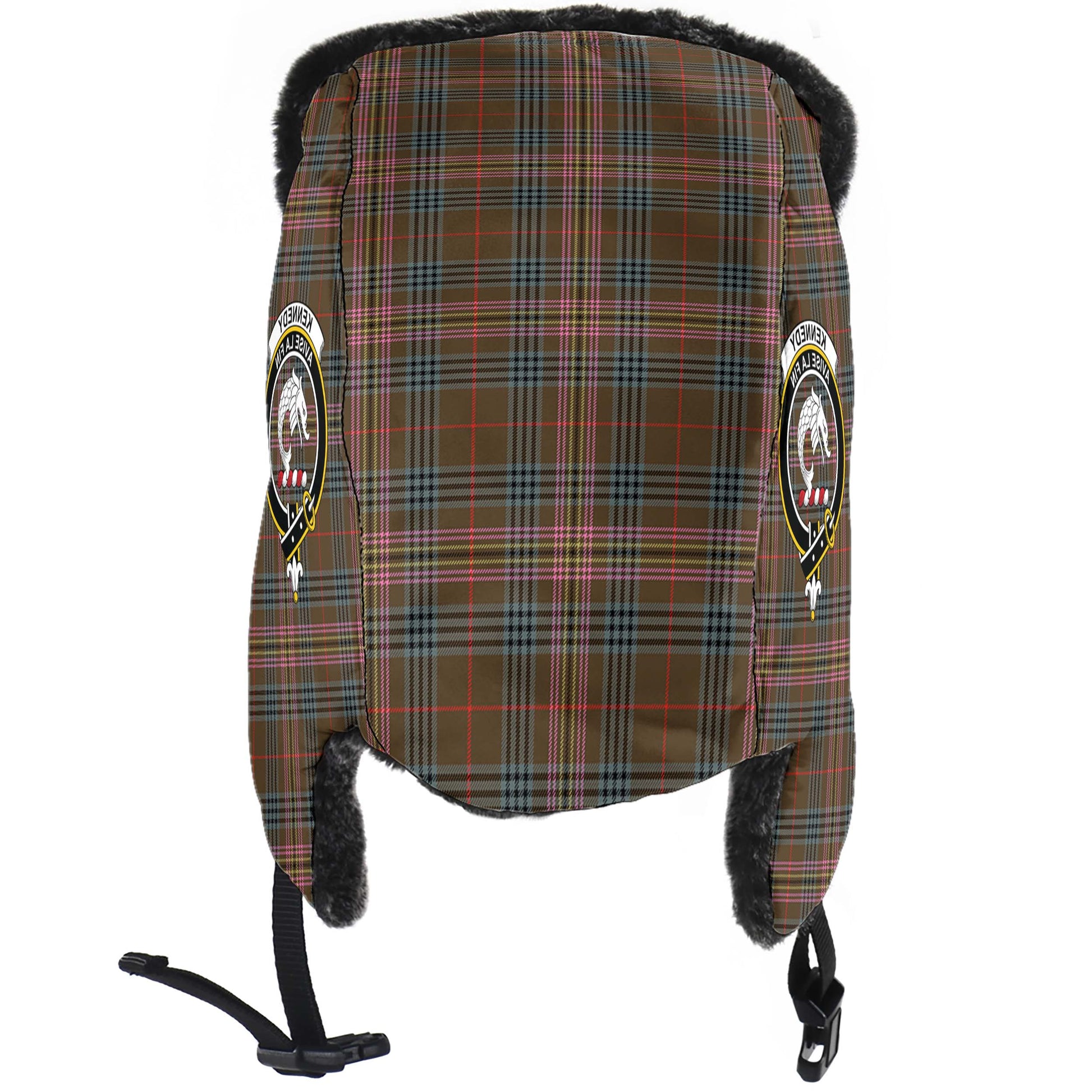 Kennedy Weathered Tartan Winter Trapper Hat with Family Crest - Tartanvibesclothing