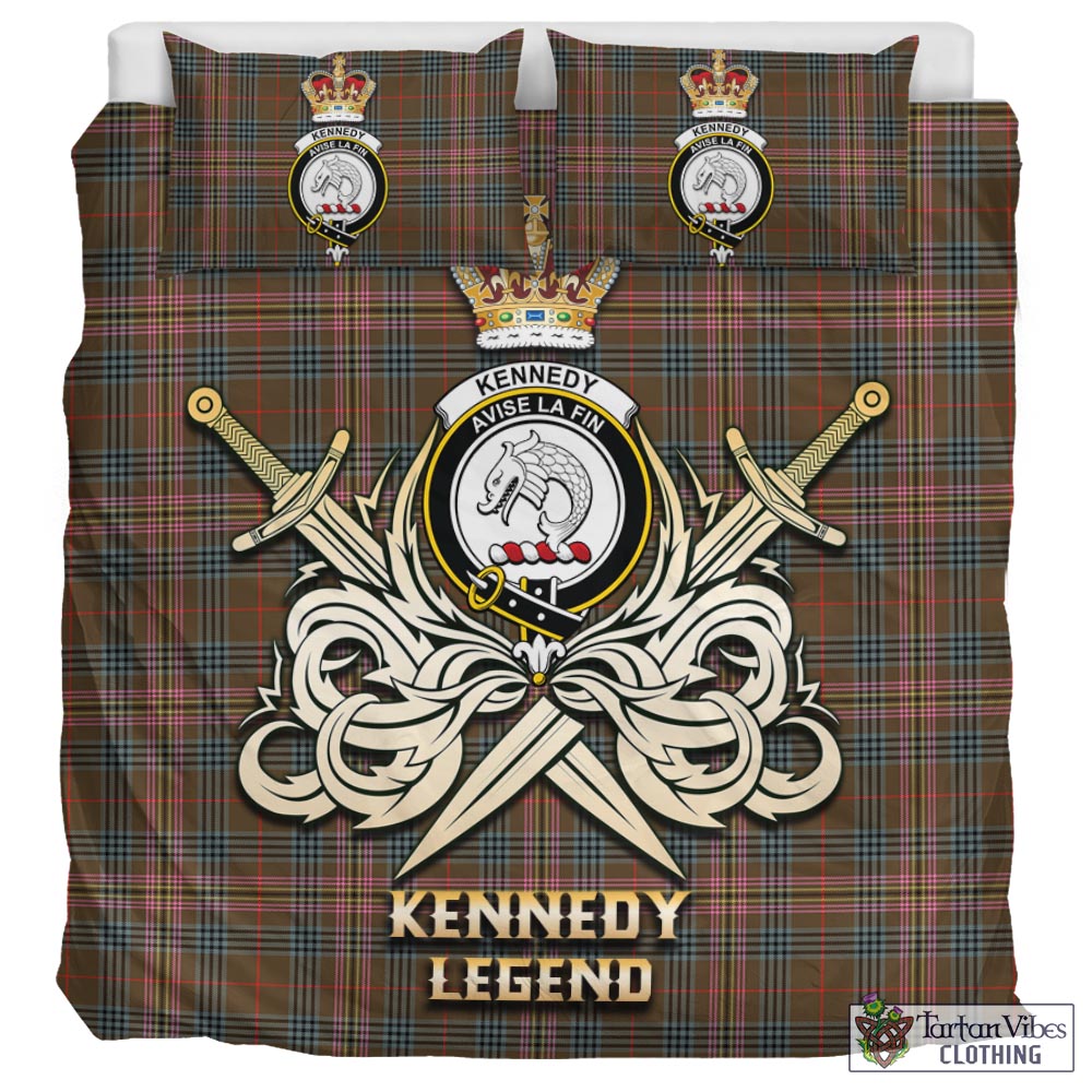 Tartan Vibes Clothing Kennedy Weathered Tartan Bedding Set with Clan Crest and the Golden Sword of Courageous Legacy