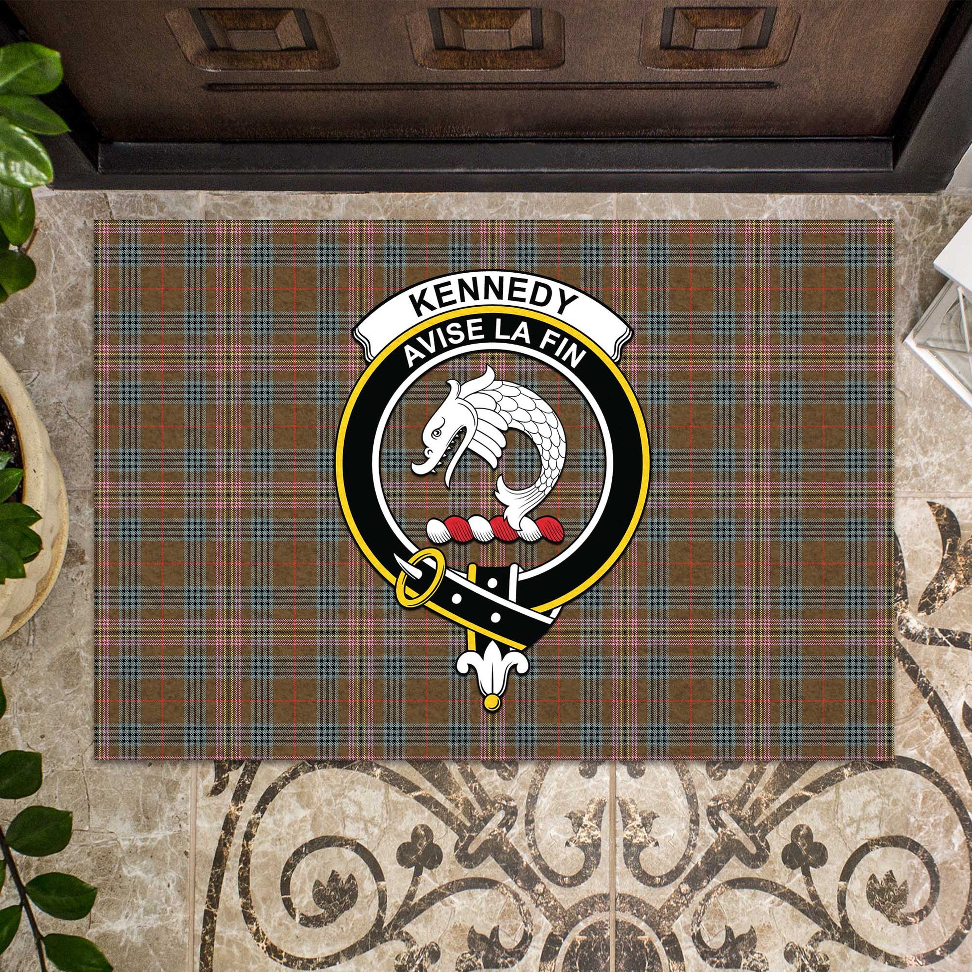 Kennedy Weathered Tartan Door Mat with Family Crest - Tartanvibesclothing