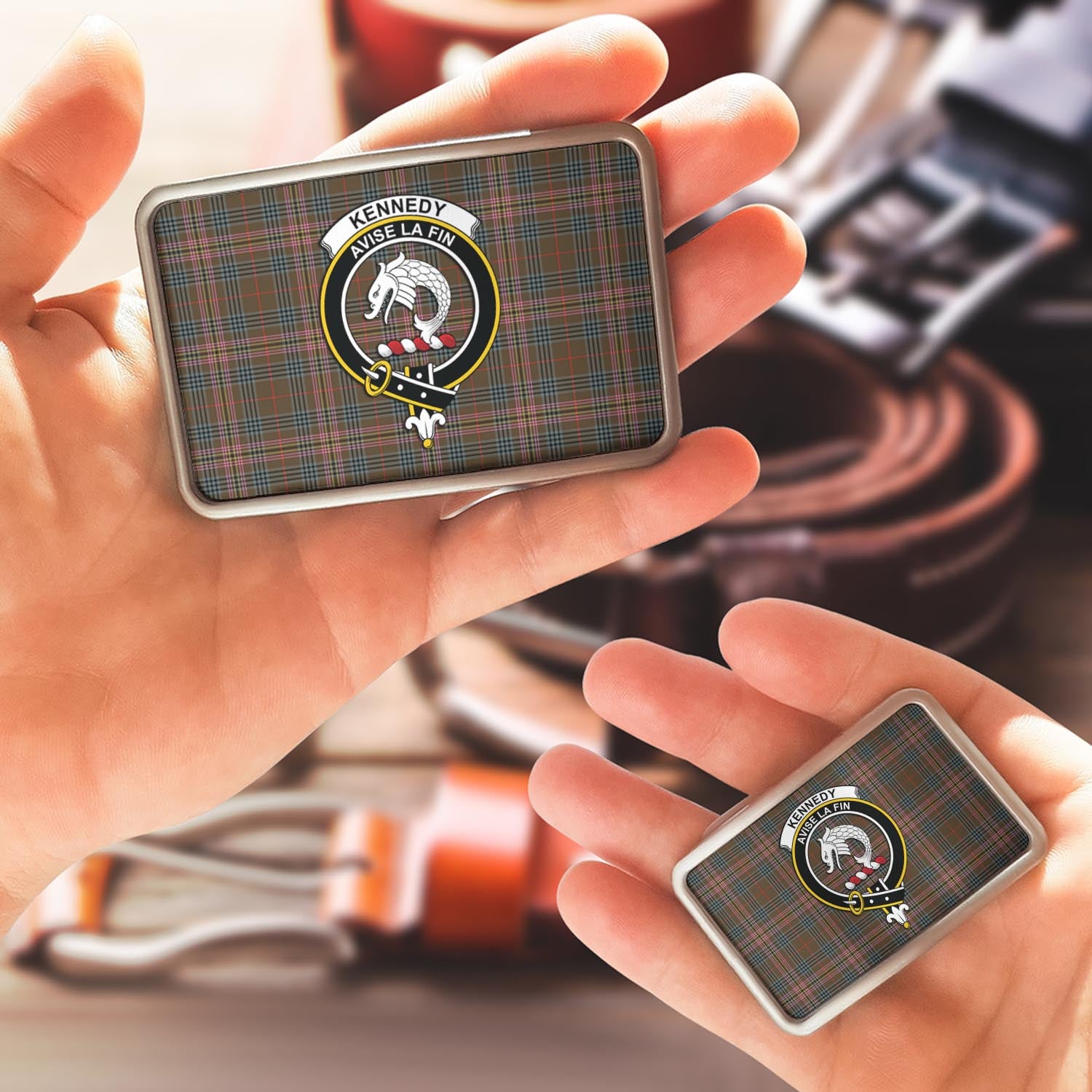 Kennedy Weathered Tartan Belt Buckles with Family Crest - Tartanvibesclothing