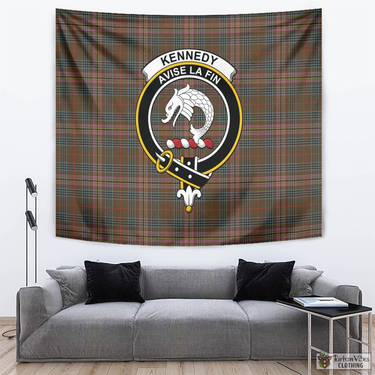 Tartan Vibes Clothing Kennedy Weathered Tartan Tapestry Wall Hanging and Home Decor for Room with Family Crest