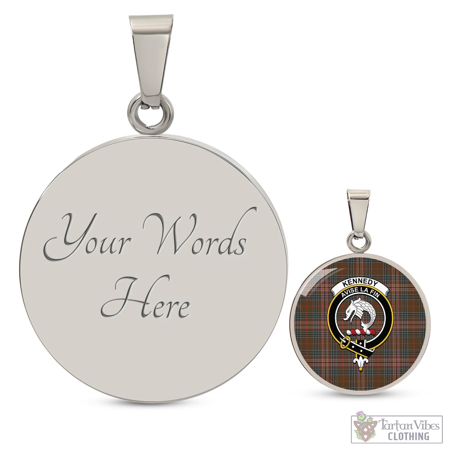 Tartan Vibes Clothing Kennedy Weathered Tartan Circle Necklace with Family Crest