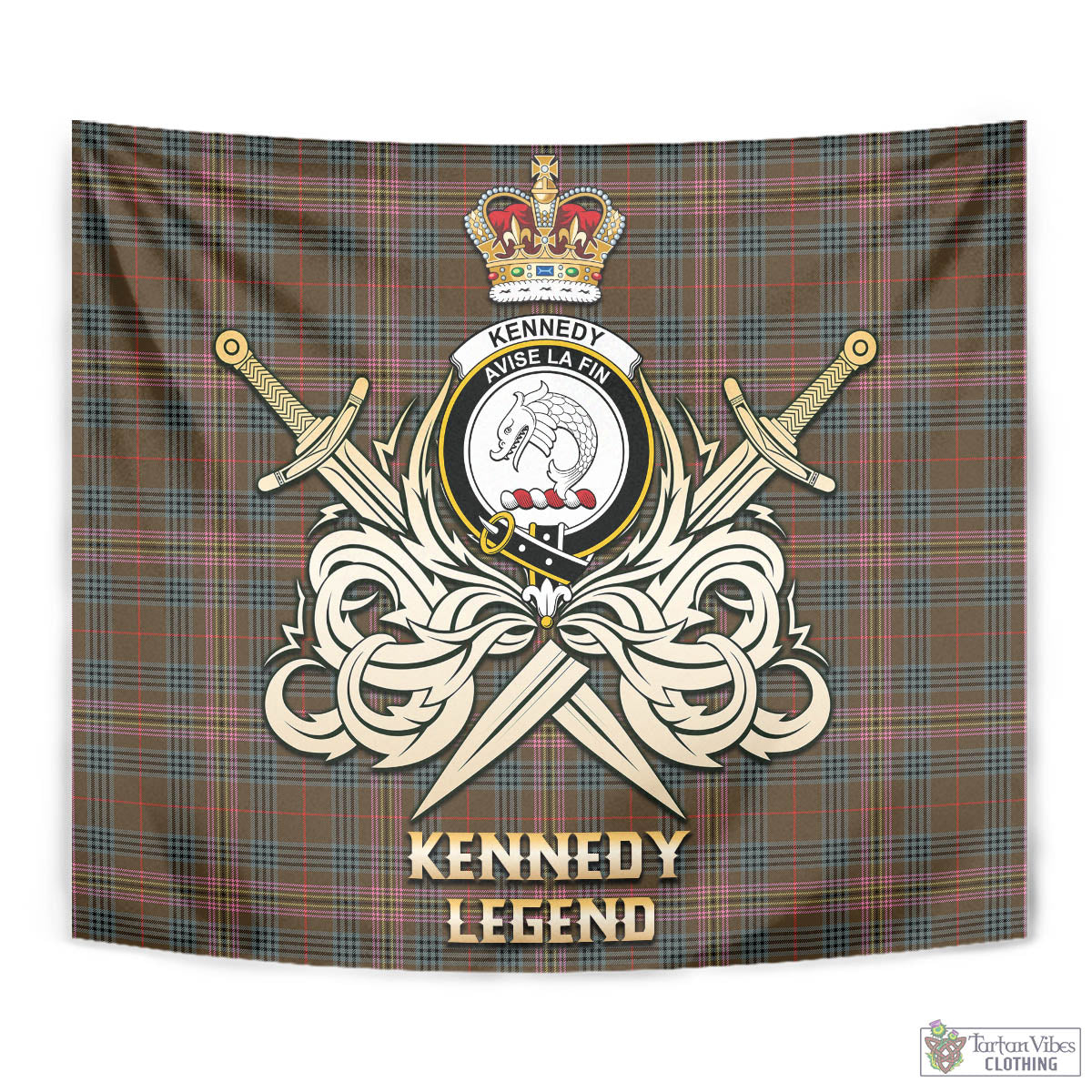 Tartan Vibes Clothing Kennedy Weathered Tartan Tapestry with Clan Crest and the Golden Sword of Courageous Legacy