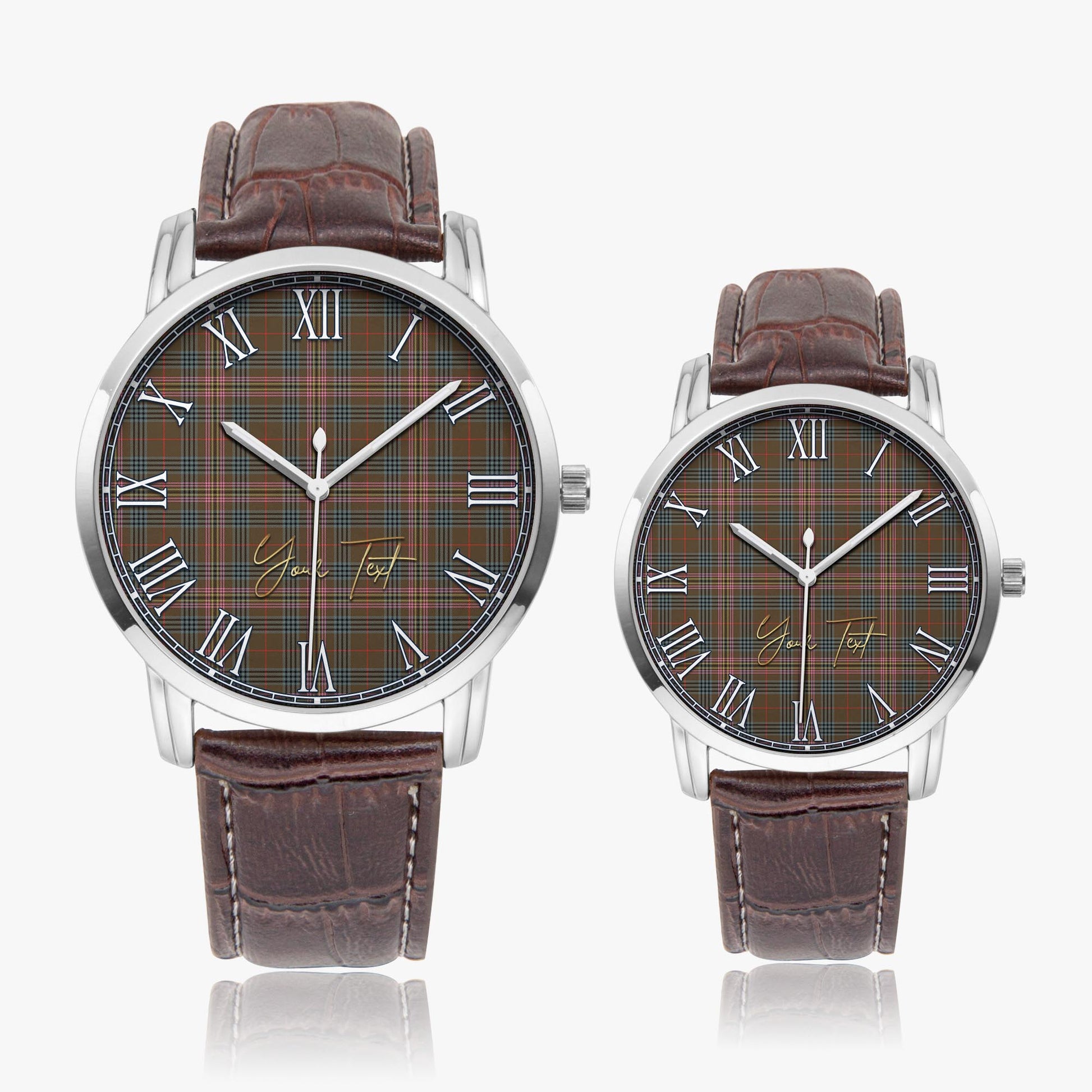 Kennedy Weathered Tartan Personalized Your Text Leather Trap Quartz Watch Wide Type Silver Case With Brown Leather Strap - Tartanvibesclothing