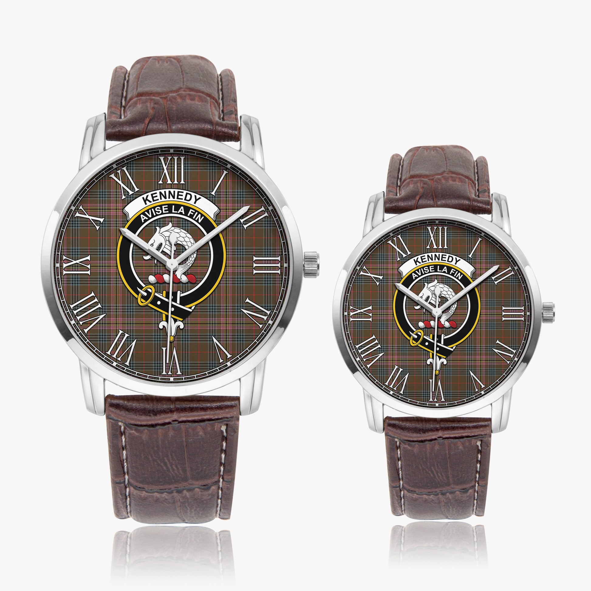 Kennedy Weathered Tartan Family Crest Leather Strap Quartz Watch - Tartanvibesclothing