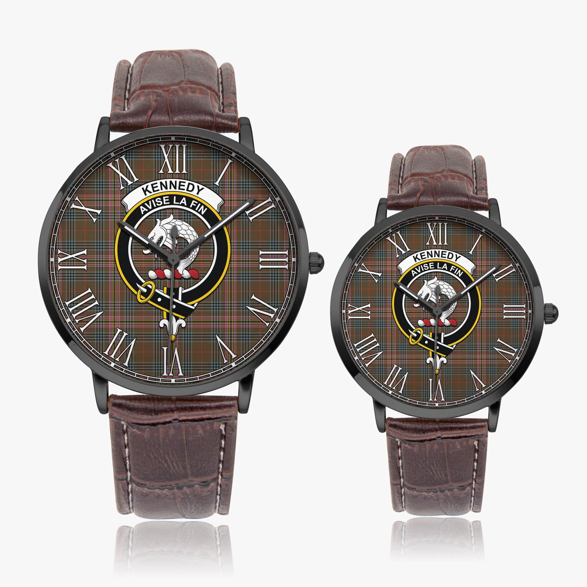 Kennedy Weathered Tartan Family Crest Leather Strap Quartz Watch - Tartanvibesclothing