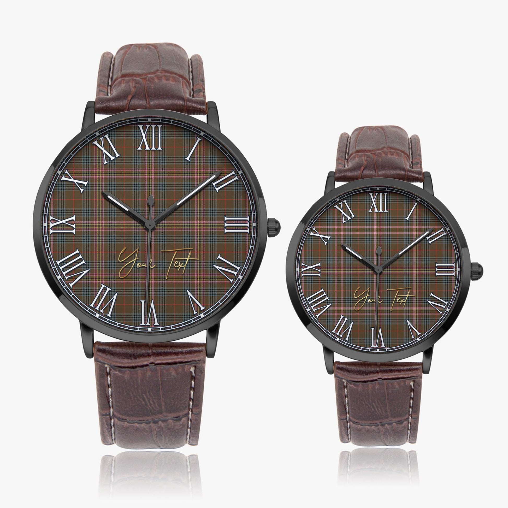 Kennedy Weathered Tartan Personalized Your Text Leather Trap Quartz Watch Ultra Thin Black Case With Brown Leather Strap - Tartanvibesclothing