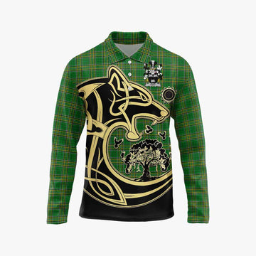 Kent Irish Tartan Long Sleeve Polo Shirt with Coat of Arms Celtic Wolf Style