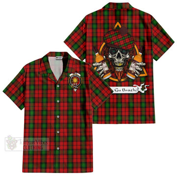 Kerr Tartan Short Sleeve Button Shirt with Family Crest and Bearded Skull Holding Bottles of Whiskey