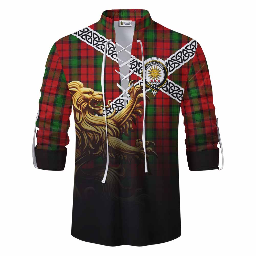 Kerr Crest Tartan Ghillie Kilt Shirt with Golden Lion Emblem Celtic Style Men - Tartan Vibes Clothing