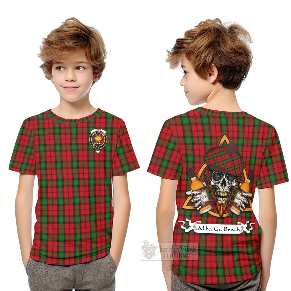 Tartan Vibes Clothing Kerr Tartan Kid T-Shirt with Family Crest and Bearded Skull Holding Bottles of Whiskey