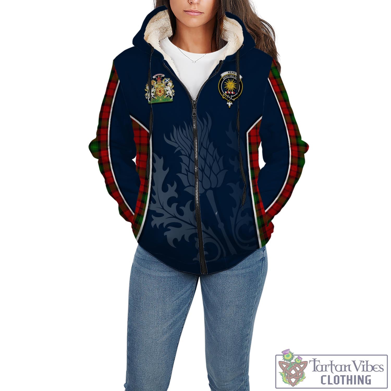 Tartan Vibes Clothing Kerr Tartan Sherpa Hoodie with Family Crest and Scottish Thistle Vibes Sport Style