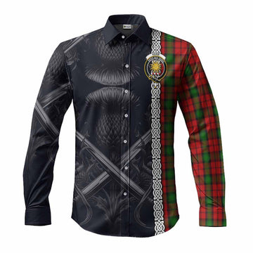 Kerr Tartan Long Sleeve Button Shirt with Family Crest Cross Sword Thistle Celtic Vibes