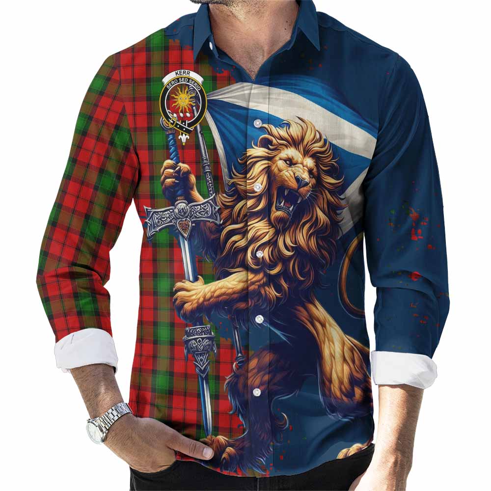 Tartan Vibes Clothing Kerr Tartan Family Crest Long Sleeve Button Shirt with Scottish Majestic Lion