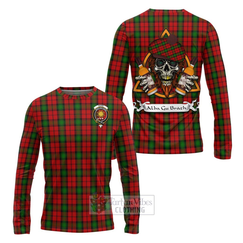 Tartan Vibes Clothing Kerr Tartan Long Sleeve T-Shirt with Family Crest and Bearded Skull Holding Bottles of Whiskey