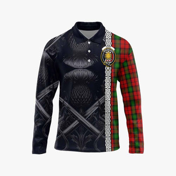 Kerr Tartan Long Sleeve Polo Shirt with Family Crest Cross Sword Thistle Celtic Vibes