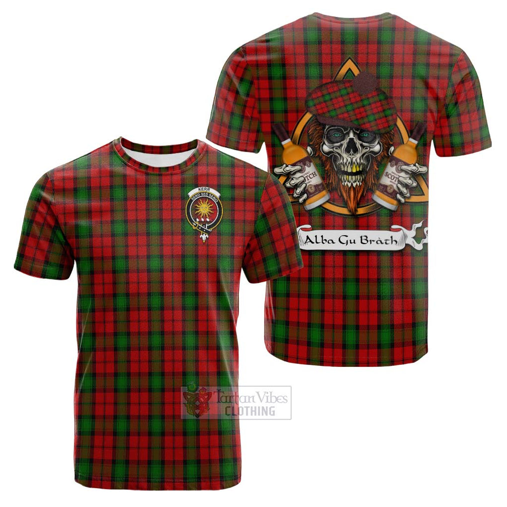 Tartan Vibes Clothing Kerr Tartan Cotton T-shirt with Family Crest and Bearded Skull Holding Bottles of Whiskey