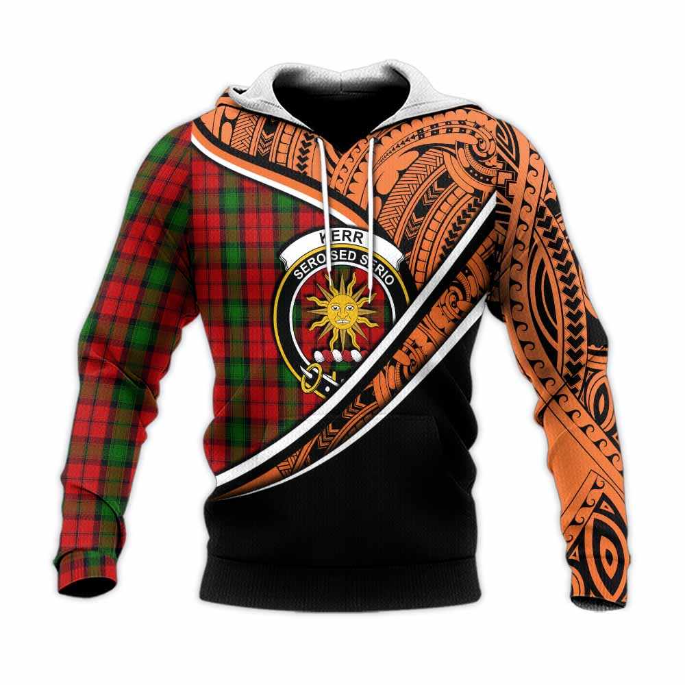 Tartan Vibes Clothing Kerr Crest Tartan Knitted Hoodie with Maori Tattoo Style - Orange Version