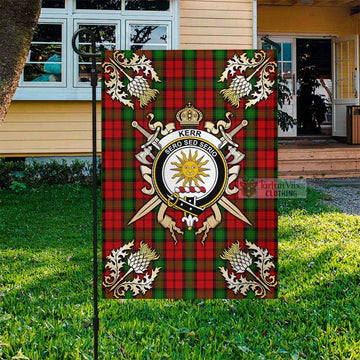 Kerr Tartan Flag with Family Crest and Golden Thistle Crossed Sword Design