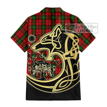 Kerr Tartan Short Sleeve Button Shirt with Family Crest Celtic Wolf Style