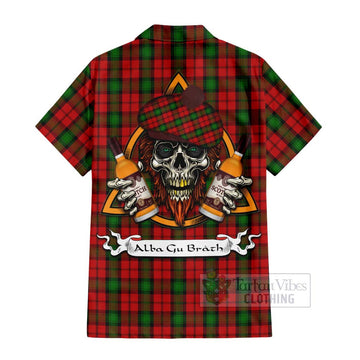 Kerr Tartan Short Sleeve Button Shirt with Family Crest and Bearded Skull Holding Bottles of Whiskey