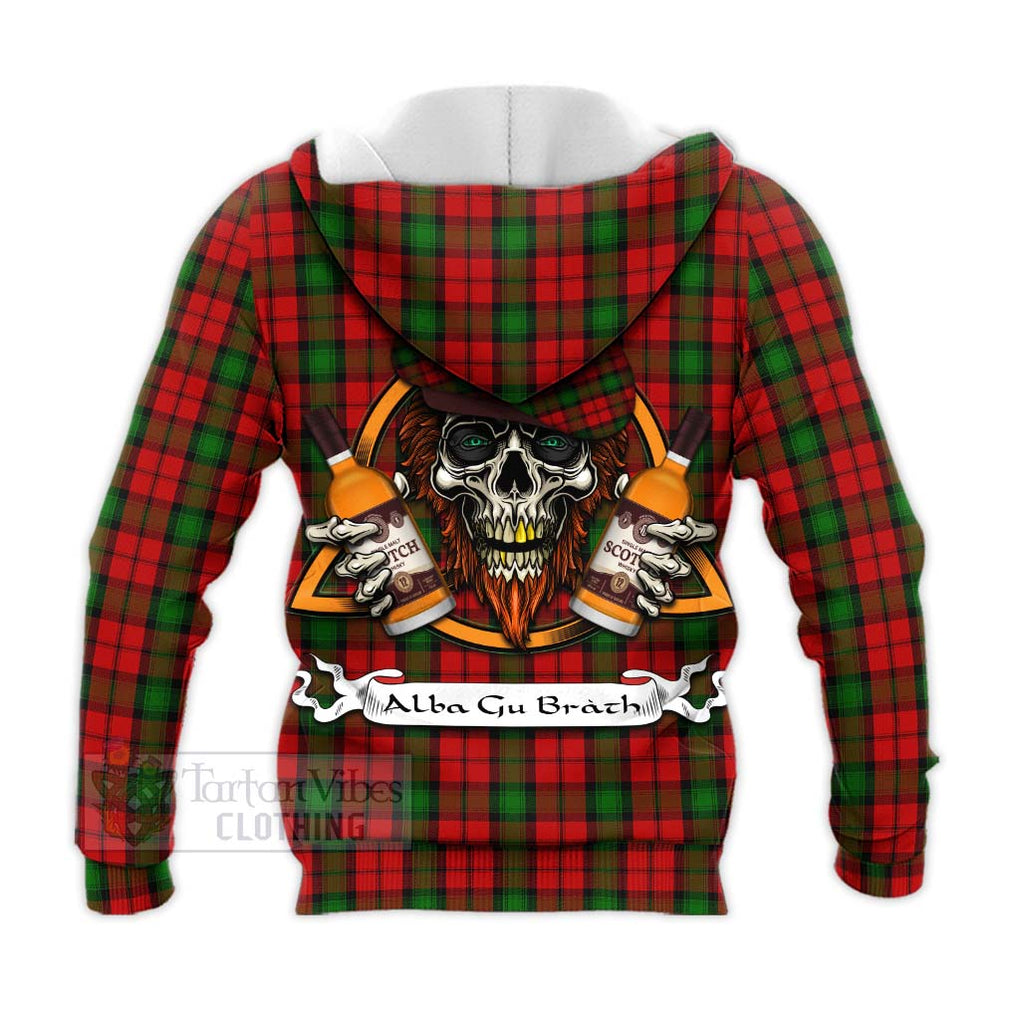 Tartan Vibes Clothing Kerr Tartan Knitted Hoodie with Family Crest and Bearded Skull Holding Bottles of Whiskey