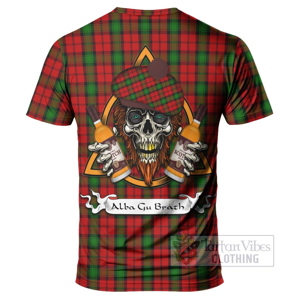 Tartan Vibes Clothing Kerr Tartan T-Shirt with Family Crest and Bearded Skull Holding Bottles of Whiskey