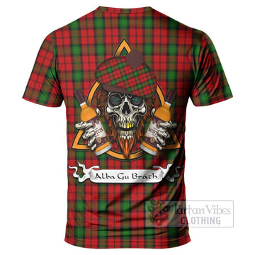 Kerr Tartan T-Shirt with Family Crest and Bearded Skull Holding Bottles of Whiskey