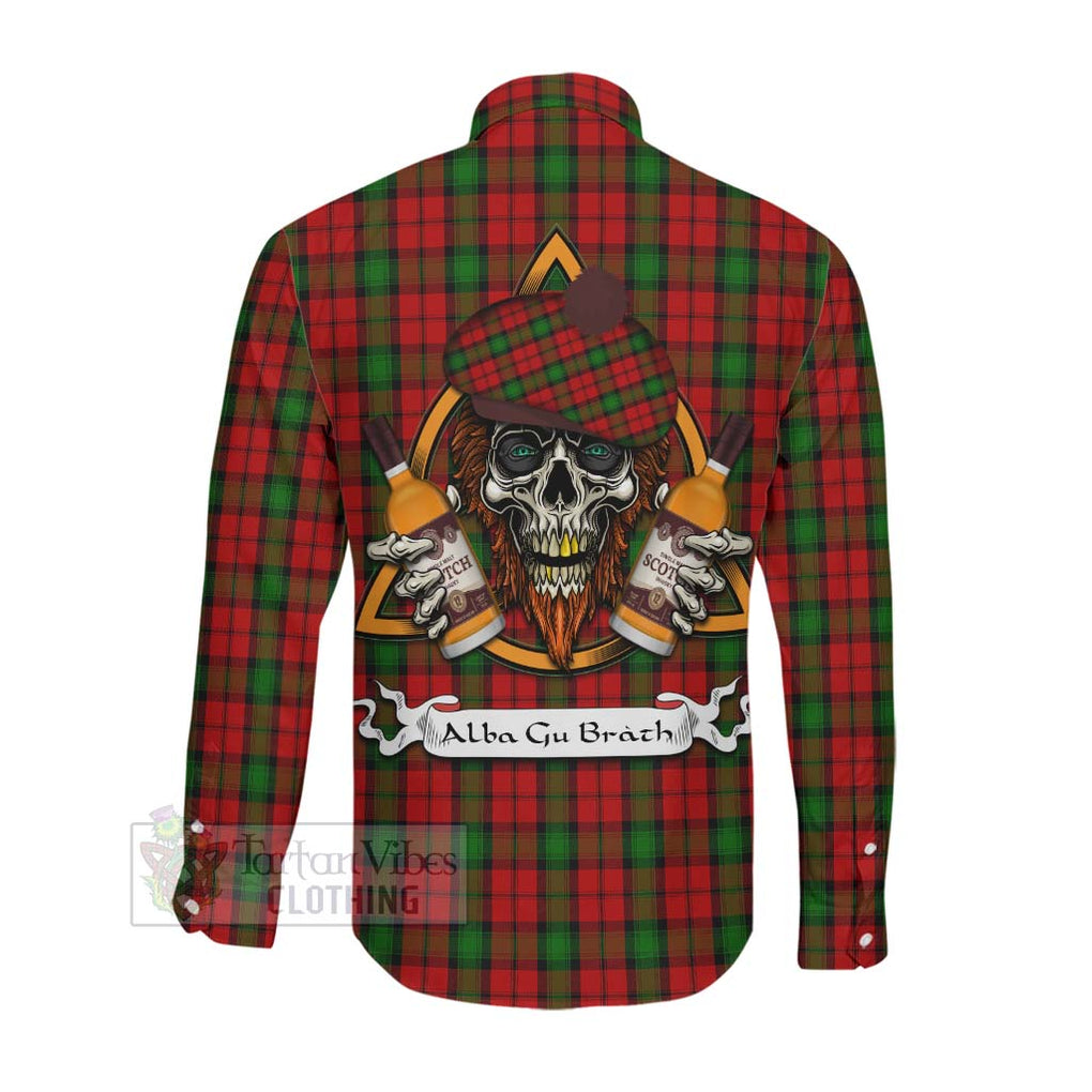 Tartan Vibes Clothing Kerr Tartan Long Sleeve Button Shirt with Family Crest and Bearded Skull Holding Bottles of Whiskey