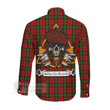 Kerr Tartan Long Sleeve Button Shirt with Family Crest and Bearded Skull Holding Bottles of Whiskey