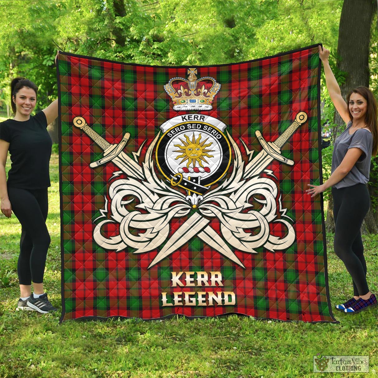 Tartan Vibes Clothing Kerr Tartan Quilt with Clan Crest and the Golden Sword of Courageous Legacy