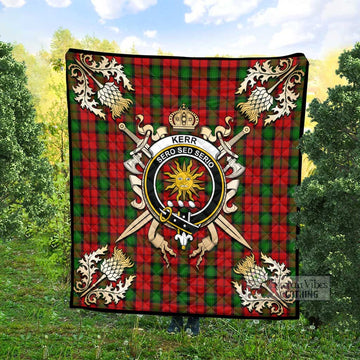 Kerr Tartan Quilt with Family Crest and Golden Thistle Crossed Sword Design