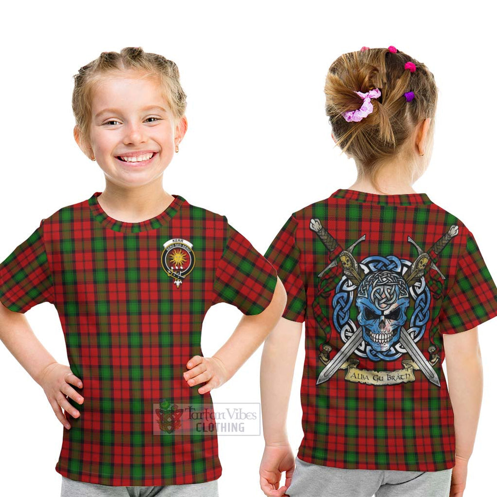 Tartan Vibes Clothing Kerr Tartan Kid T-Shirt with Family Crest Celtic Skull Style