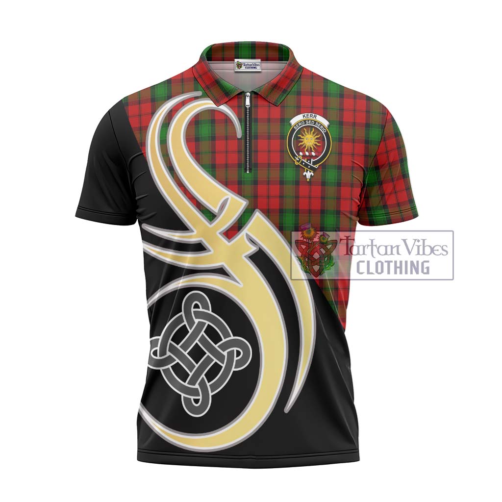 Tartan Vibes Clothing Kerr Tartan Zipper Polo Shirt with Family Crest and Celtic Symbol Style